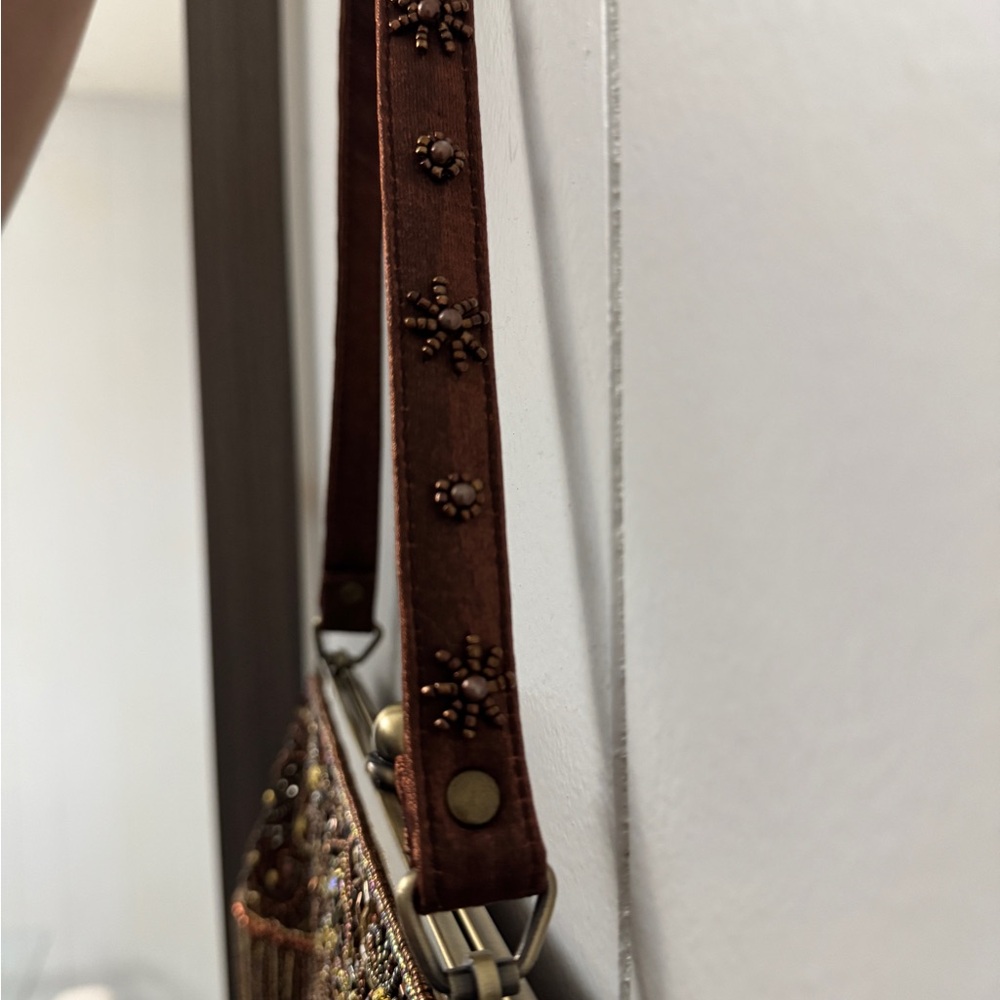 Y2K Bronze Beaded Fringe Clutch Purse Brown Formal Evening Bag Sequin Embroidery - Picture 6 of 7